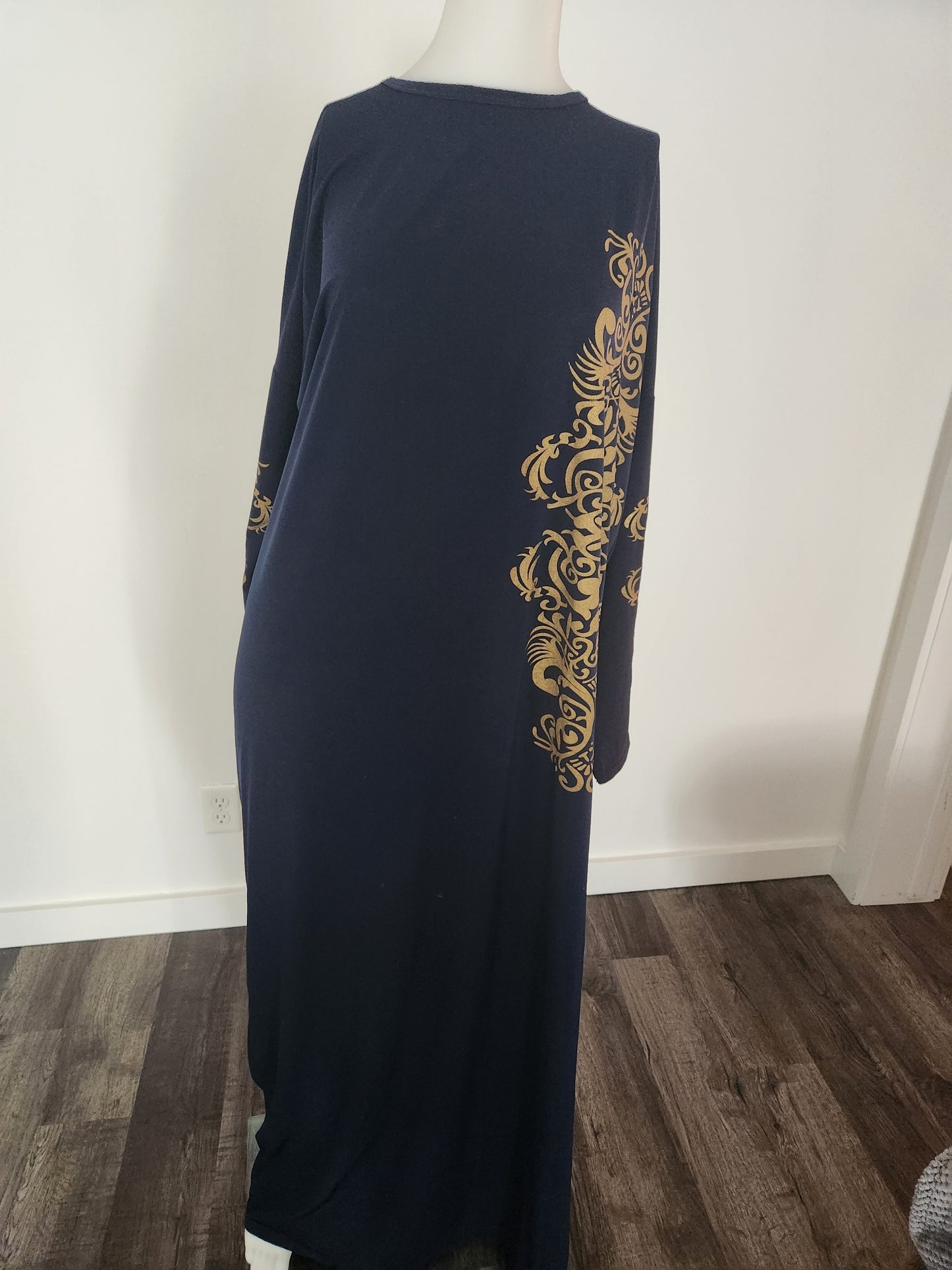 Navy Abaya with Golden Sleeve Print