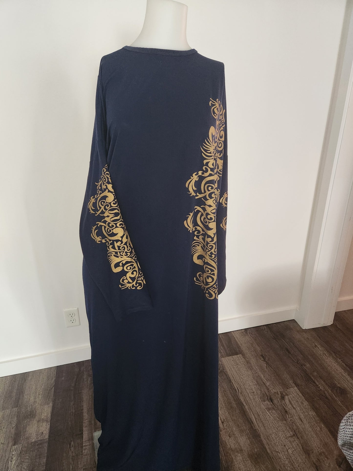 Navy Abaya with Golden Sleeve Print