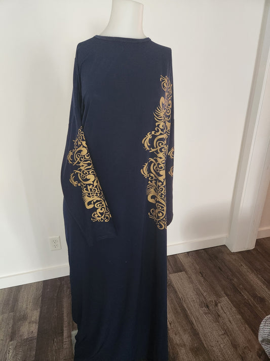 Navy Abaya with Golden Sleeve Print