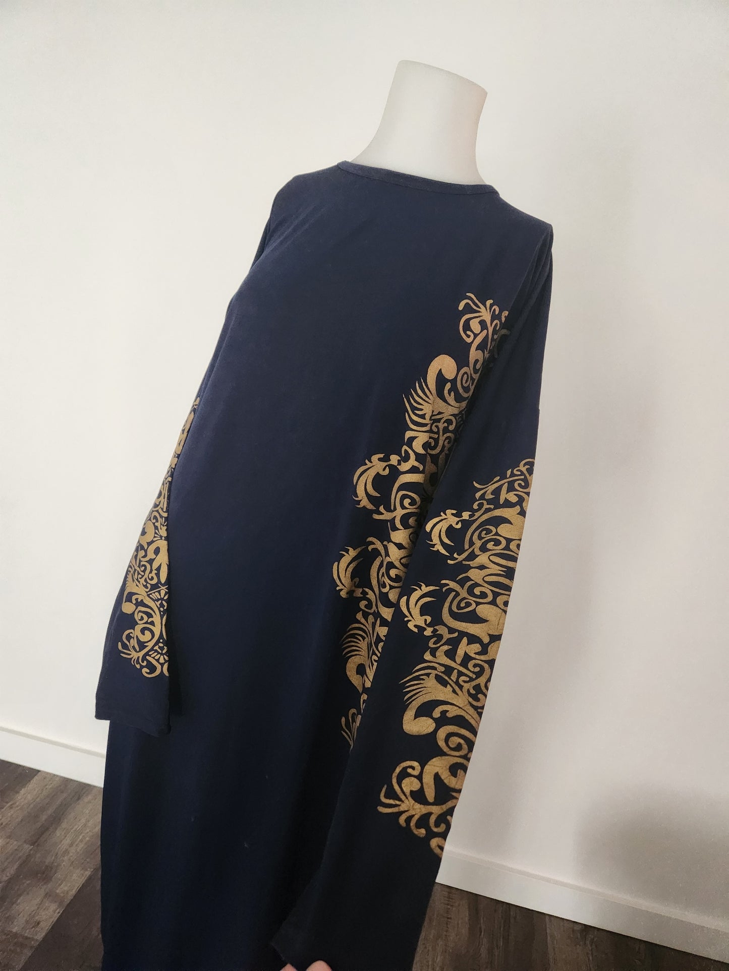 Navy Abaya with Golden Sleeve Print