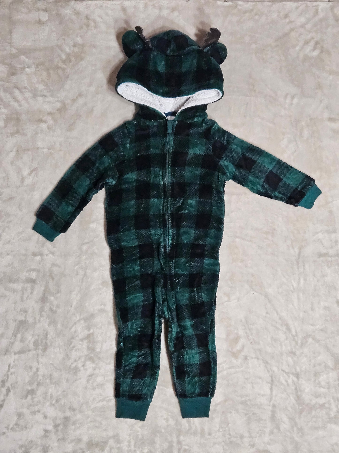 Green Checkered Fuzzy Onesie – 3T