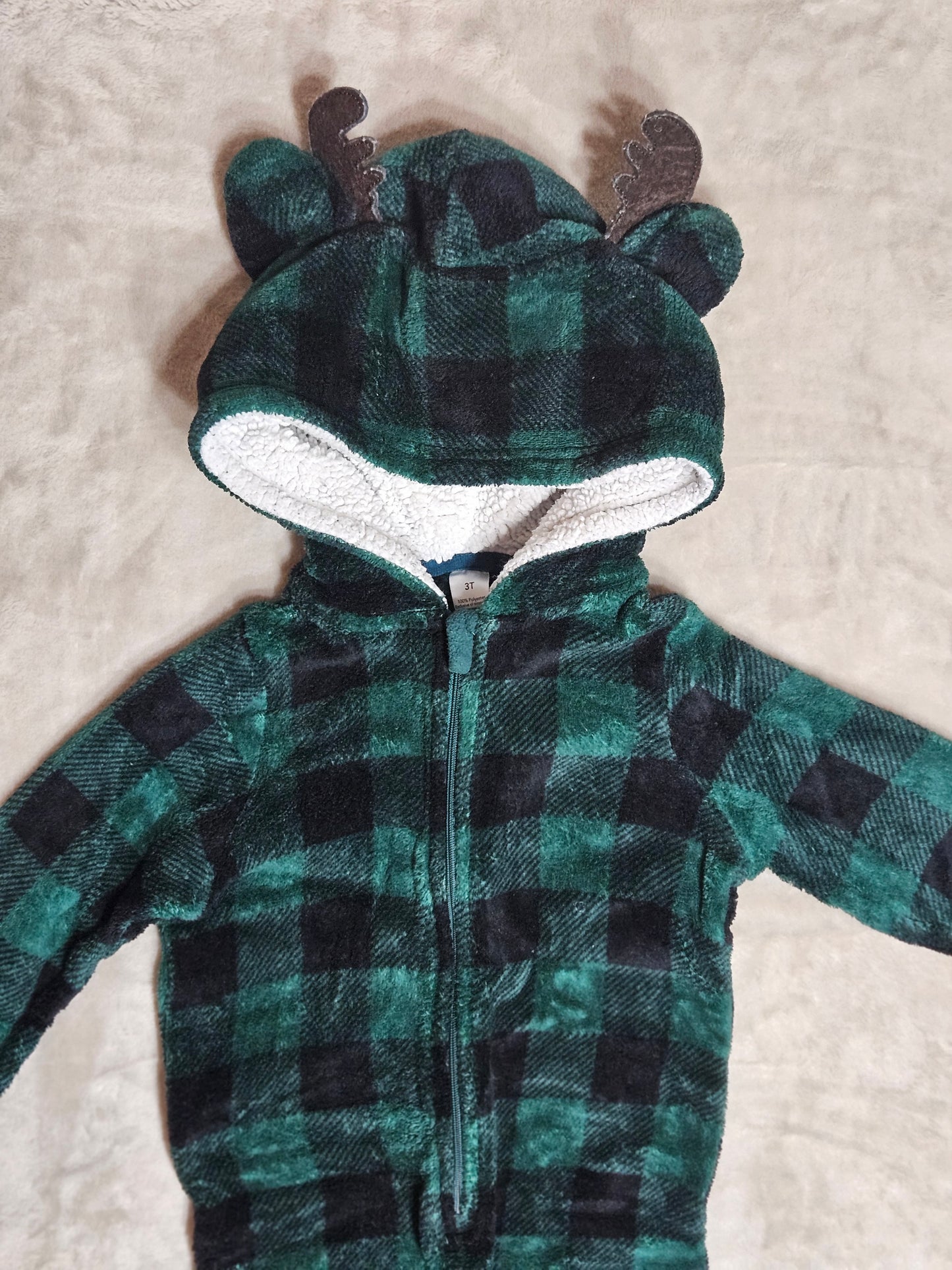 Green Checkered Fuzzy Onesie – 3T