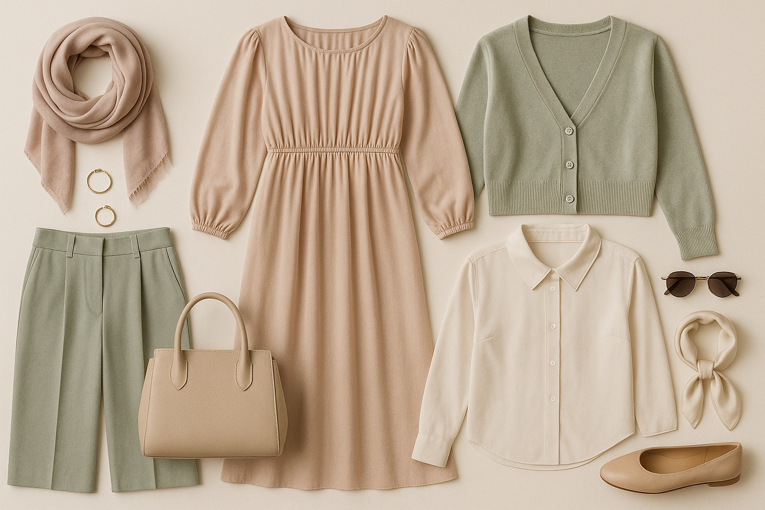 Modest fashion flat lay with accessories in a landscape position